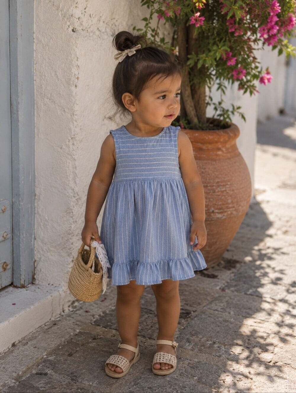 Zara Baby Blue Stripe Linen Blend Dress 2-3Y Sleeveless Summer Boho Cottage